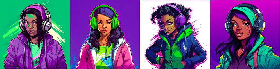 The artwork features comic book-style graffiti. The dark-skinned character wears a hoodie and headphones with large green and purple flowers. The hair is dark. style with purple and green stripes.