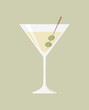 A glass of martini with olives on a skewer on a green olive background. Flat vector illustration