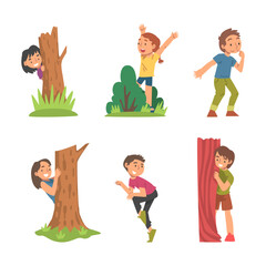 Poster - Kids Playing Hide and Seek Concealing Behind Tree and Bush Vector Set