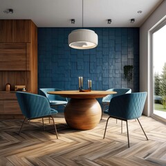 Wall Mural - Interior design of modern dining room, wooden table and blue chairs. Generative AI