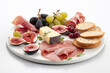 Italian appetizer prosciutto and cheeses served on platter with figs and grape. Generative AI illustration