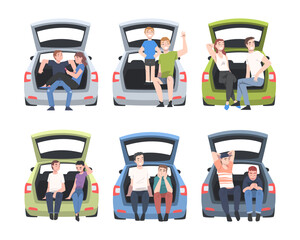 Sticker - People Characters Sitting in Car Trunk Taking Pictures Vector Illustration Set