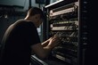 young technician repairing a server in a datacenter server room. An IT Engineer close up shot of fixing server problem, AI Generated