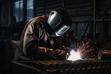 Aufkleber - Welder working in the factory. Worker wearing protective clothing and welding mask. An Industrial welder wearing full protection and walding, AI Generated