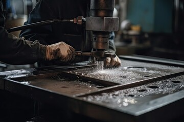 Wall Mural - Worker cutting metal with a milling machine in the factory. An industrial workers hands close up of working in project, AI Generated