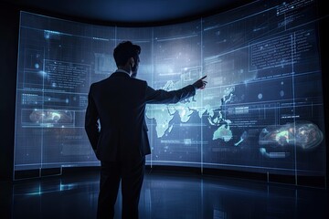 Wall Mural - Back view of businessman touching icon of media screen with graphs and diagrams, An IT consultant clicking on the hologram screen, AI Generated