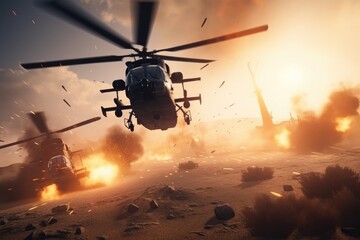 Wall Mural - Military helicopter in the desert at sunset. 3D Rendering. Attack helicopters flying in a warzone and shooting, AI Generated