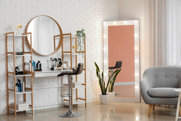 Poster - Interior of beauty salon with hairdressing table and mirrors