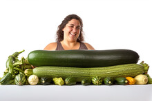 Happy Farmer Woman With Large Zucchini (courgette). Isolated On White Background. Created With Generative AI.