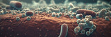 Fototapeta  - Close up on gut microbe field with different bacteria, banner, generative AI