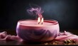  a pink candle with smoke coming out of it sitting on a table next to a pink cloth on the table and a black background behind it.  generative ai