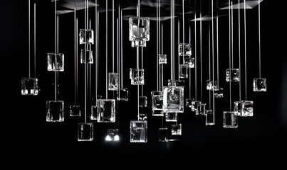 Poster -  a black and white photo of a chandelier made of glass cubes and cubes hanging from the ceiling of a dark room.  generative ai