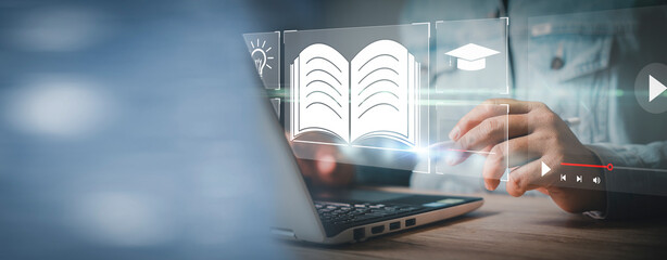 Fototapete - Concept of Online education. man use Online education training and e-learning webinar on internet for personal development and professional qualifications. Digital courses to develop new skills.