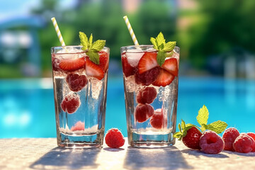 Two tall glasses with cocktail with berries, strawberries, lime and mint standing on the edge of the pool in the summer sunlight. Close-up. Generative AI technology