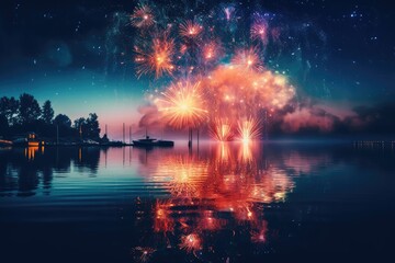 a colorful firework in the sky over a body of water Generative AI