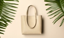  A White Tote Bag Sitting Next To A Green Plant On A Beige Background With A White Wall In The Background And A Large Green Leaf.  Generative Ai