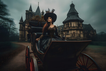 Beautiful girl in a black dress hat in retro style rides an expensive carriage against the backdrop of the palace castle. Generative AI.