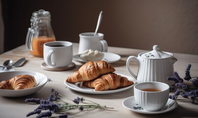 Wall Mural -  a table topped with plates of pastries and cups of tea and coffee next to a pitcher of orange juice and a pitcher of orange juice.  generative ai