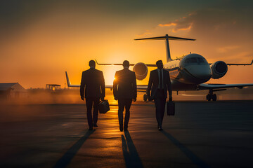 Businessman walking towards a private jet, team walk through the airport, evening sunset sunrise time. Generative AI.