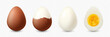 Vector 3d Realistic Brown Chicken Eggs. Textured Whole, Cracked Broken, Peeled Boiled Chicken Egg, Hard-Boiled Chicken Egg With Yolk Closeup Isolated. Eggs Isolated. Whole, Cut in Half Egg, Front View