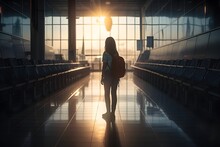 Airport, A Young Girl Back To Camera Waiting Flight Departure. International Plane, Lobby, Silhouette Of Young Girl With Backpack At Airport Terminal At Sunrise Or Sunset Time. Generative AI