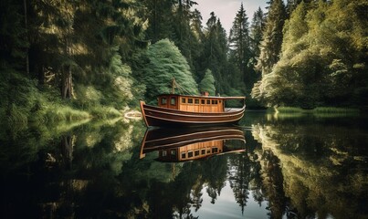 Wall Mural -  a boat is floating on the water in a forest area with trees and a body of water in the foreground, and a man standing on the front of the boat.  generative ai