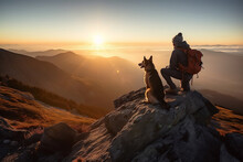 Teenaganer Man With Backpack And Dog Sitting At Summit Of Mountain Chase Looking At Beautiful Stunning Amazing View Of The Ocean Sunrise Or Sunset. Freedom And Travel Concept. Generative AI Technology