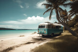Fototapeta Łazienka - Motor home caravan camping car RV driving through beautiful ocean beach landscape with pure blue lake in the day time. Spending, summer time in recreation vehicle van nature concept. Generative AI