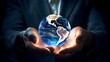 © Moritz - A businessman holds a global business globe, interconnected with a network, while focusing on digital marketing strategies and innovative solutions. Utilizing business development technology, this ind