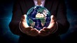 © Moritz - A businessman holds a global business globe, interconnected with a network, while focusing on digital marketing strategies and innovative solutions. Utilizing business development technology, this ind