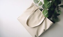  A White Bag Sitting On Top Of A Table Next To A Green Leafy Plant On Top Of A White Tablecloth Covered Tablecloth.  Generative Ai