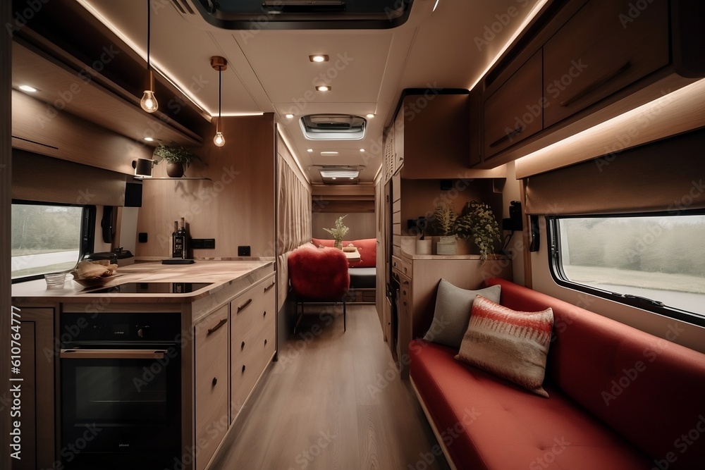 Relaxation areas for water travel. Interior of motor home camping car ...