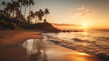 Serene Coastal Scene With A Golden Sunset, Gently Rolling Waves, And Palm Trees Swaying In The Warm Breeze