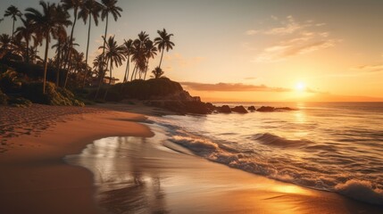 Serene coastal scene with a golden sunset, gently rolling waves, and palm trees swaying in the warm breeze