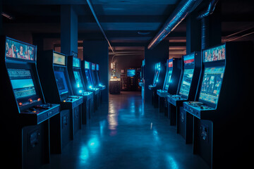 Poster - arcade machine in the dark room, vintage color toned picture. Generative AI