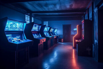 Poster - arcade machine in the dark room, vintage color toned picture. Generative AI