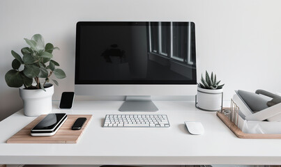 a computer monitor sitting on top of a desk next to a keyboard and a mouse and cell phone on a tray next to a potted plant.  generative ai