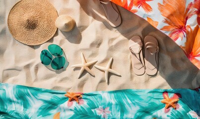 Wall Mural -  a pair of flip flops, a hat, and starfish are laid out on a beach towel on the sand of a tropical island.  generative ai