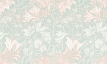  A Wallpaper With A Floral Design On A Light Green Background With A Light Pink Flower Pattern On The Left Side Of The Image And A Light Green Background With A.  Generative Ai