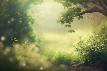 Poster - dense forest with tall trees and green foliage. Generative AI