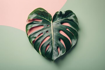 Wall Mural - A heart-shaped tropical leaf. Love idea for Mothers Day. Lay flat. Generative AI