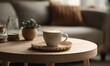canvas print picture -  a cup of coffee sitting on top of a wooden table next to a couch and a potted plant on top of a wooden table.  generative ai