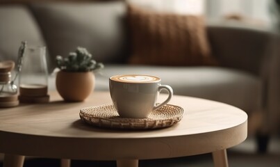 a cup of coffee sitting on top of a wooden table next to a couch and a potted plant on top of a wood