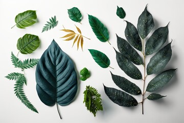 Sticker - variety of green leaves isolated on a white background. Generative AI