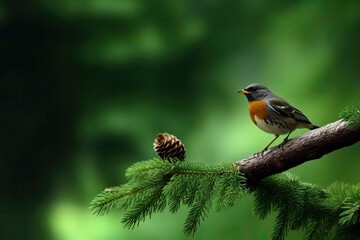 Poster - A stunning background image of a monarch butterfly (Danaus plexippus) and a wild robin (Erithacus rubecula) perched on a branch. A little and adorable bird observes a prey butterfly. Generative AI