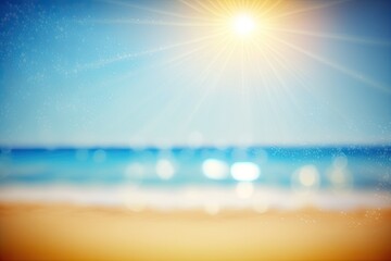 Wall Mural - Background of a tropical summer beach with sun rays that is abstract and out of focus. A beach with golden sand, the ocean, and a clear, cloudless sky. Idea for a summer holiday, with Generative AI