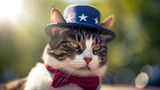 Fototapeta  - an important cat in a blue bowler hat with stars and a red butterfly on a sunny summer day. American Independence Day. July 4th