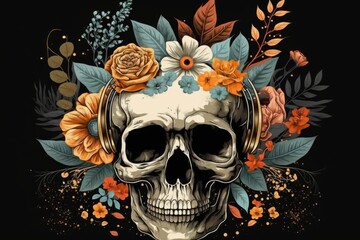 Poster - skull decorated with headphones and flowers. Generative AI