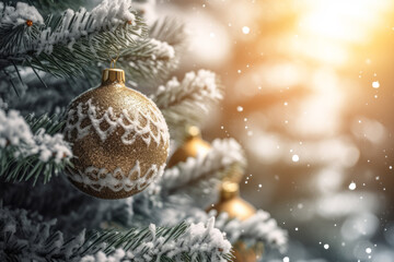  Christmas decoration. Christmas balls hanging on pine branches Christmas tree garland and ornaments over abstract bokeh background with copy space. Generative ai