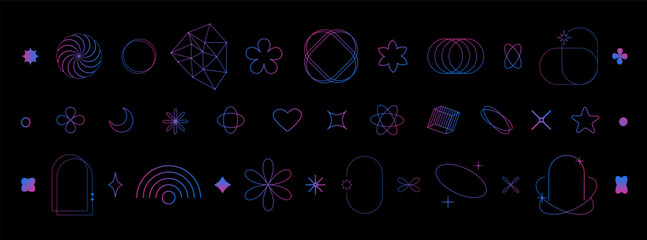 Poster - Set of abstract aesthetic y2k geometric elements and 3D wireframe shapes. Gradient retro line design elements. Vector illustration for social networks or posters. EPS 10